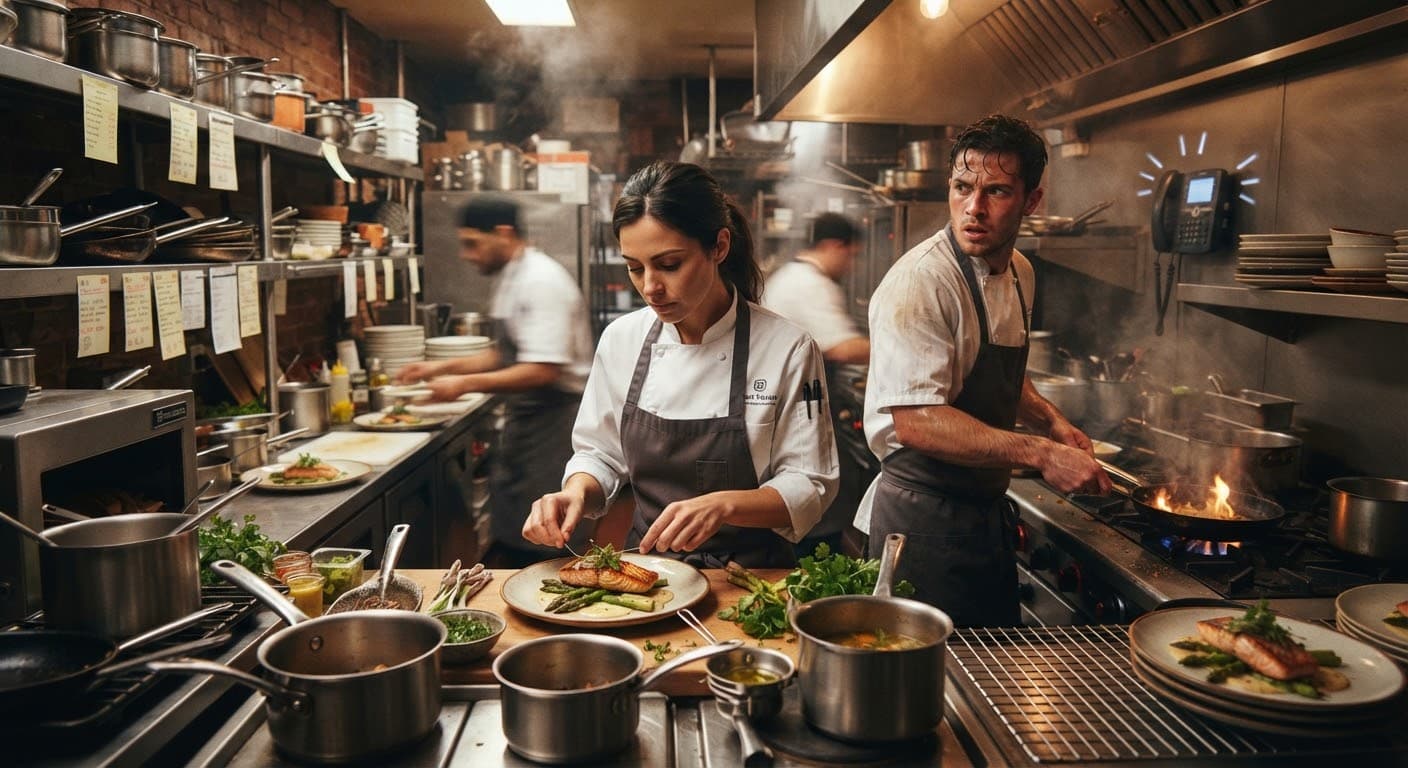 Restaurant indépendant français pendant un service: petite équipe entre cuisine, salle et comptoir
