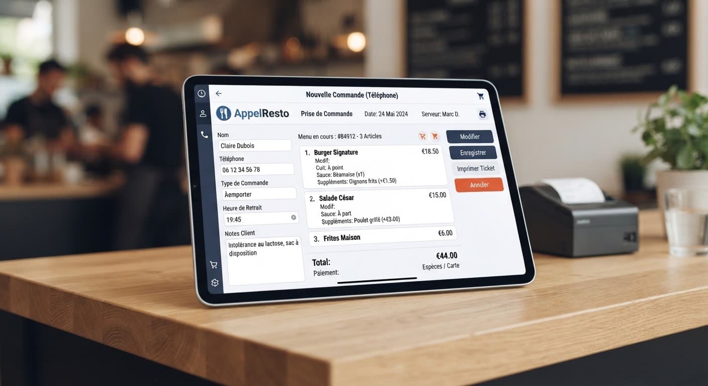 Interface AppelResto de prise de commande téléphonique sur tablette