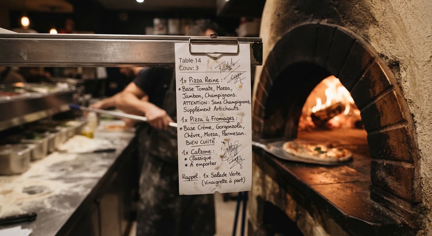 Pizzaiolo étirant une pâte à pizza sur un plan de travail dans une pizzeria française, avec un four à bois en arrière-plan.